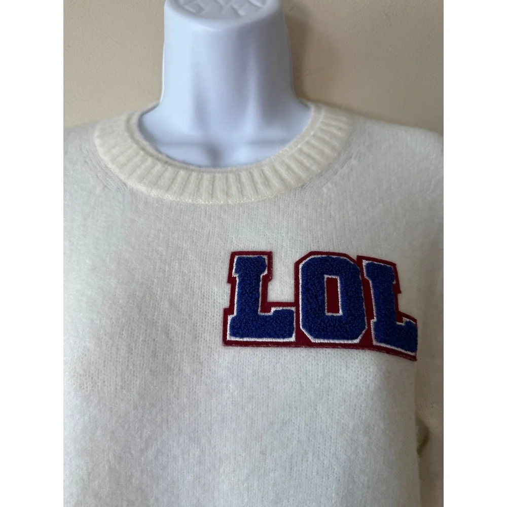J Crew Women's Ivory LOL Varsity‎ Patch Crew Neck Pullover Sweater Small Cute